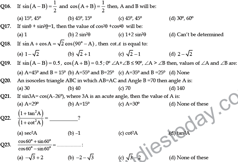 CBSE Class 10 Mathematics Application of Trigonometry MCQs, Multiple Choice Questions